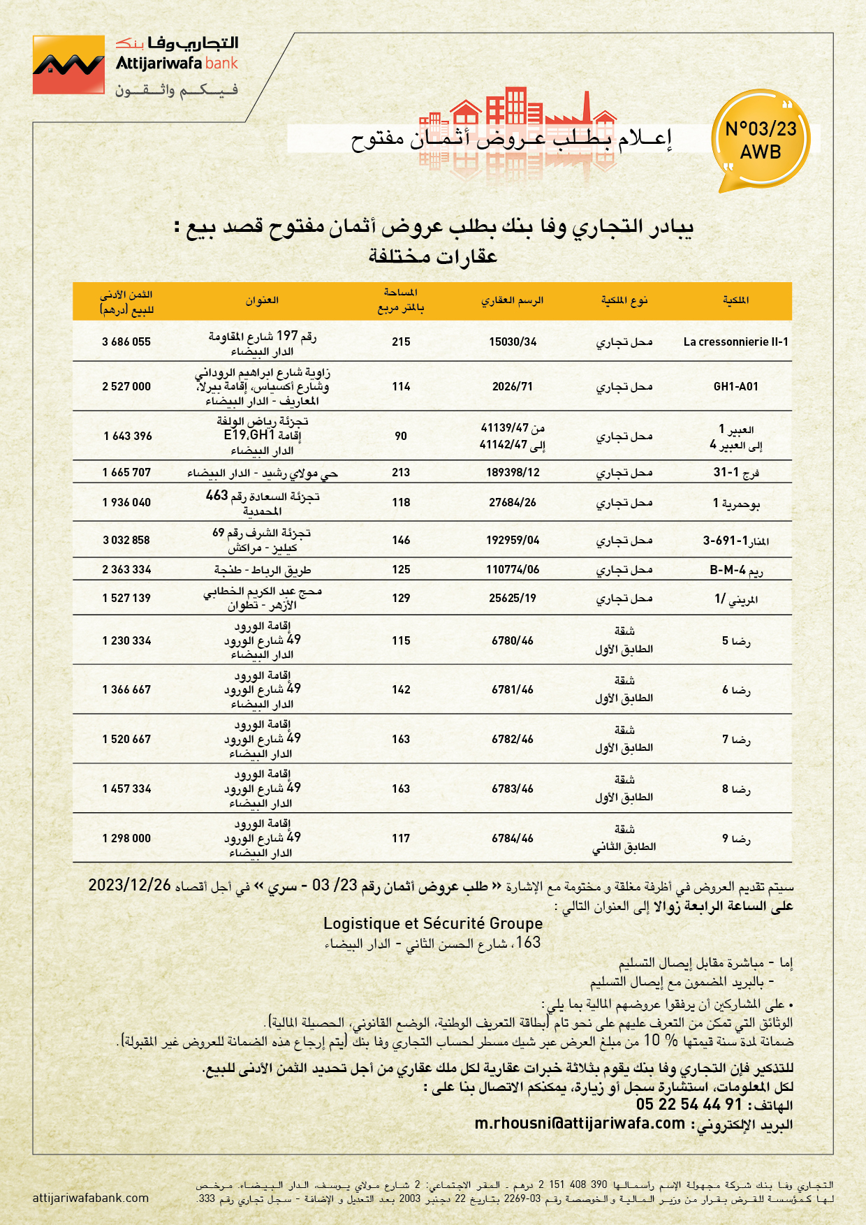 يعلن التجاري وفا بنك عن انطلاق طلب العروض لبيع اصول عقارية 